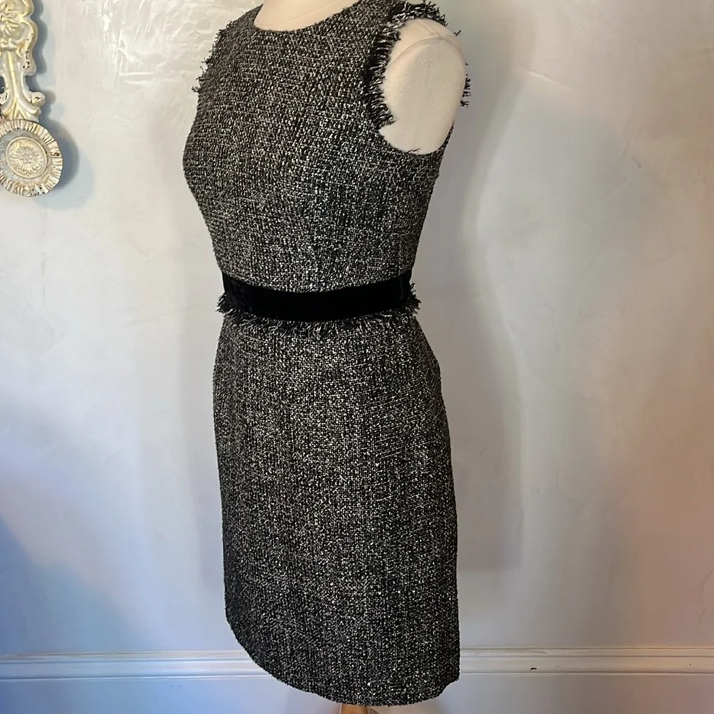 J.Crew Black/White Tweed Sheath Dress w/velvet belt,fringe detail sequins Size 4